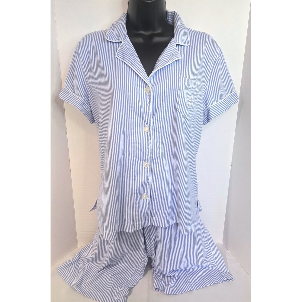 Lauren Ralph Lauren Blue White Striped Pajama Set Short Sleeve W/Shorts SZ L